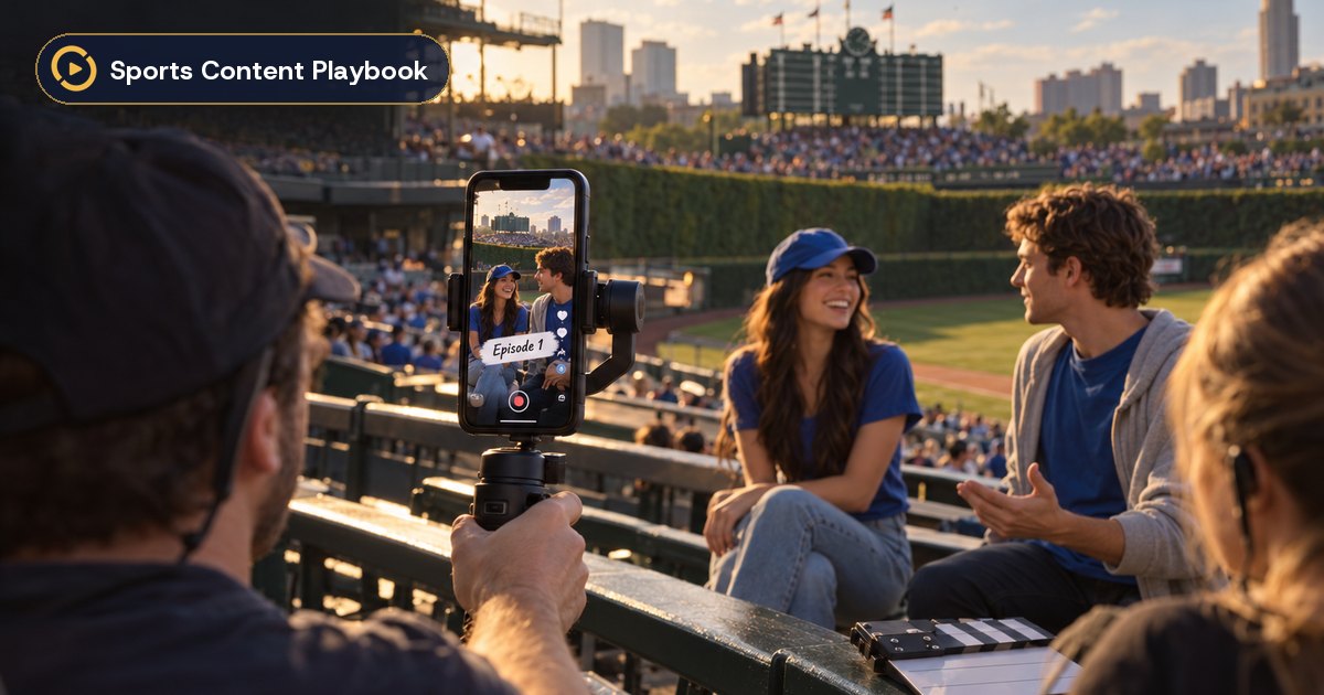 Crew filming a vertical web series episode on a phone in the bleachers of a ballpark – sports social media trends