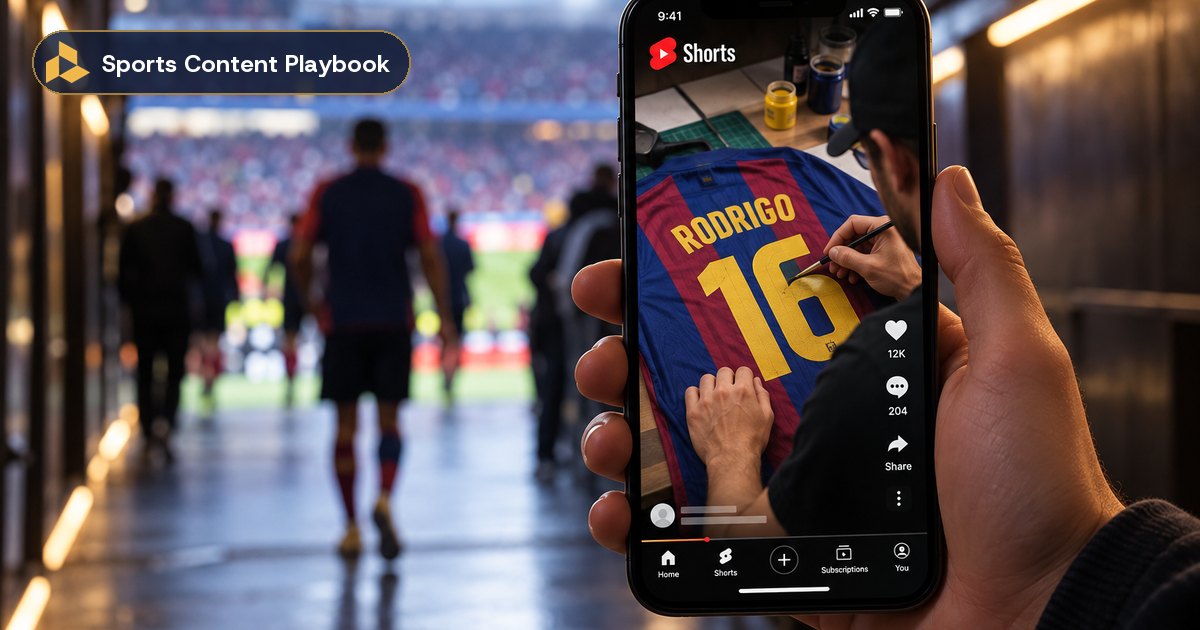 Phone showing a YouTube Shorts video of a football shirt being lettered in the stadium tunnel – sports social media trends